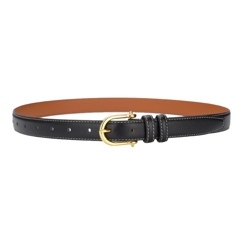 

New Korean Version Retro Top Layer Cowhide Belt for Women Simple Black Versatile Genuine Leather Belt Retro Gold Buckle Jeans Belt 105cm