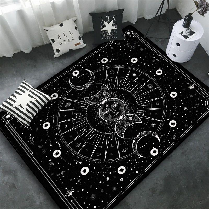 Triple Moon and Pentagram Altar or Tarot Witchy Floor Mat Black Witch Rug Gothic Decor Phases Divination Runic Carpet
