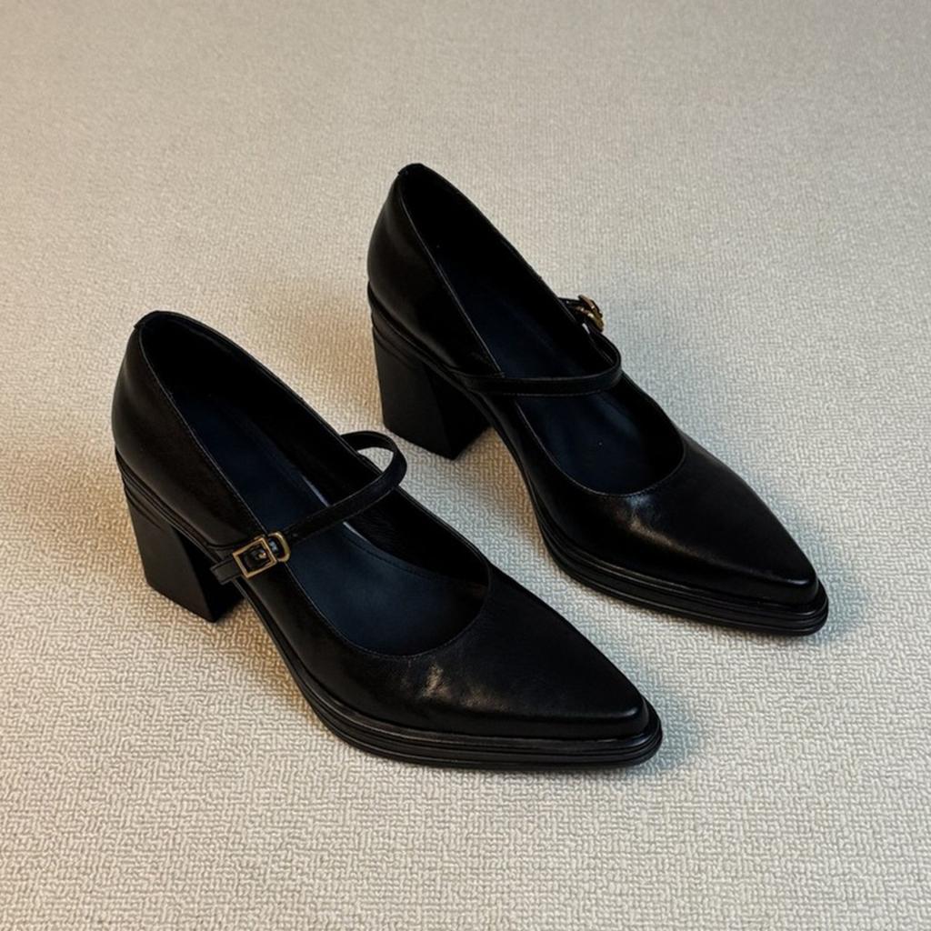 Cowhide Version~ Black Thin Leather Mary Jane Shoes Women's Cm Thick Heel Pointed Head Shallow Mouth One-word Buckle Single Shoes High Heels