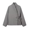 Womens Double-Breasted Kimono-Style Cotton Coat With Tie Streetwear Winter Jacket