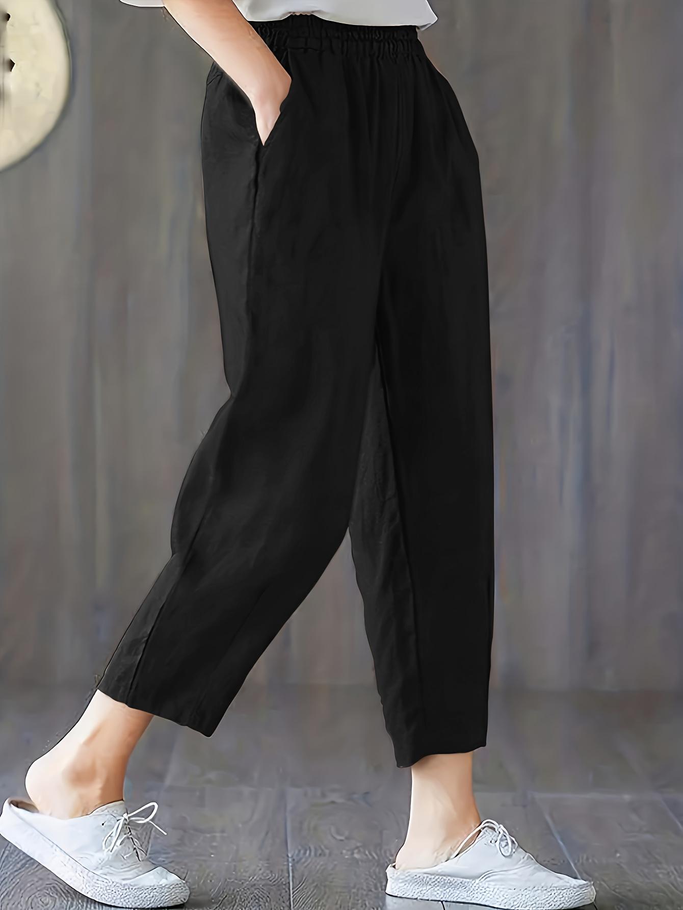 

Свободные брюки с однотонной эластичной резинкой на талии, повседневные укороченные брюки с наклонными карманами, женская одежда 4XL чёрный