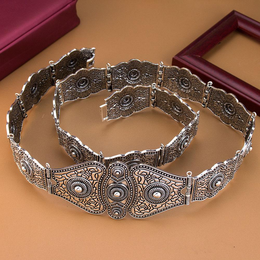 Vintage Slavic Caucasus Women Dress Belt Relief Pattern Rivet Decoration Metal Waist Belt Chain Adjustable Length