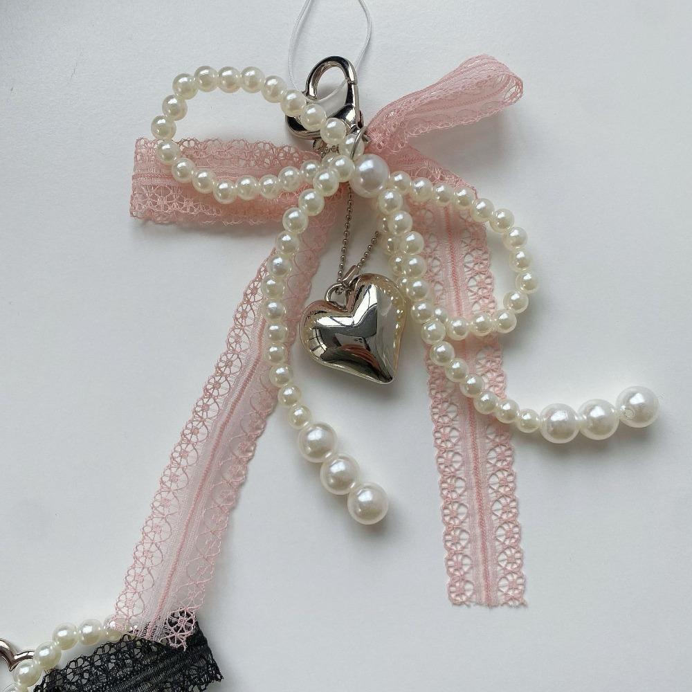 2025 New Sweet Pearl Bow Keychain Korean Y2K Car Keychain Pendants Heart Lace Pendant розовый