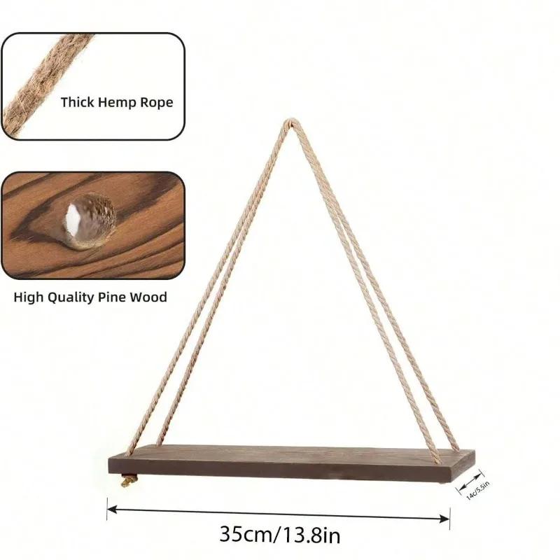 

1PC Wooden Swing Hanging Hemp Rope Garden Decoration Wall Shelve Mounted Floating Home Living Room Plant Flower Pot Tray Storage