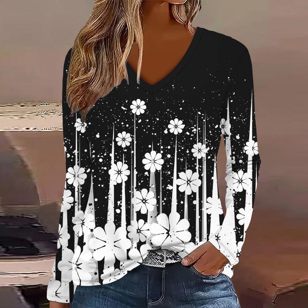 T-shirt da donna a maniche lunghe Moda pois Stampa 3D Scollo a V Maniche lunghe Top Autunno Casual Festivo Top da donna Abbigliamento