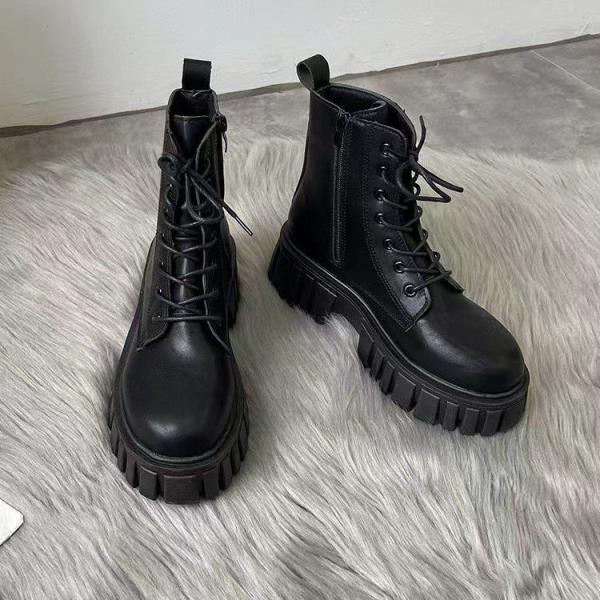 Fashion Zipper Women's Leather Boots Winter Footwear Autumn Shoes Lace Up Boots-Women Round Toe 2025 Med Elegant Rubber Rock Ankle