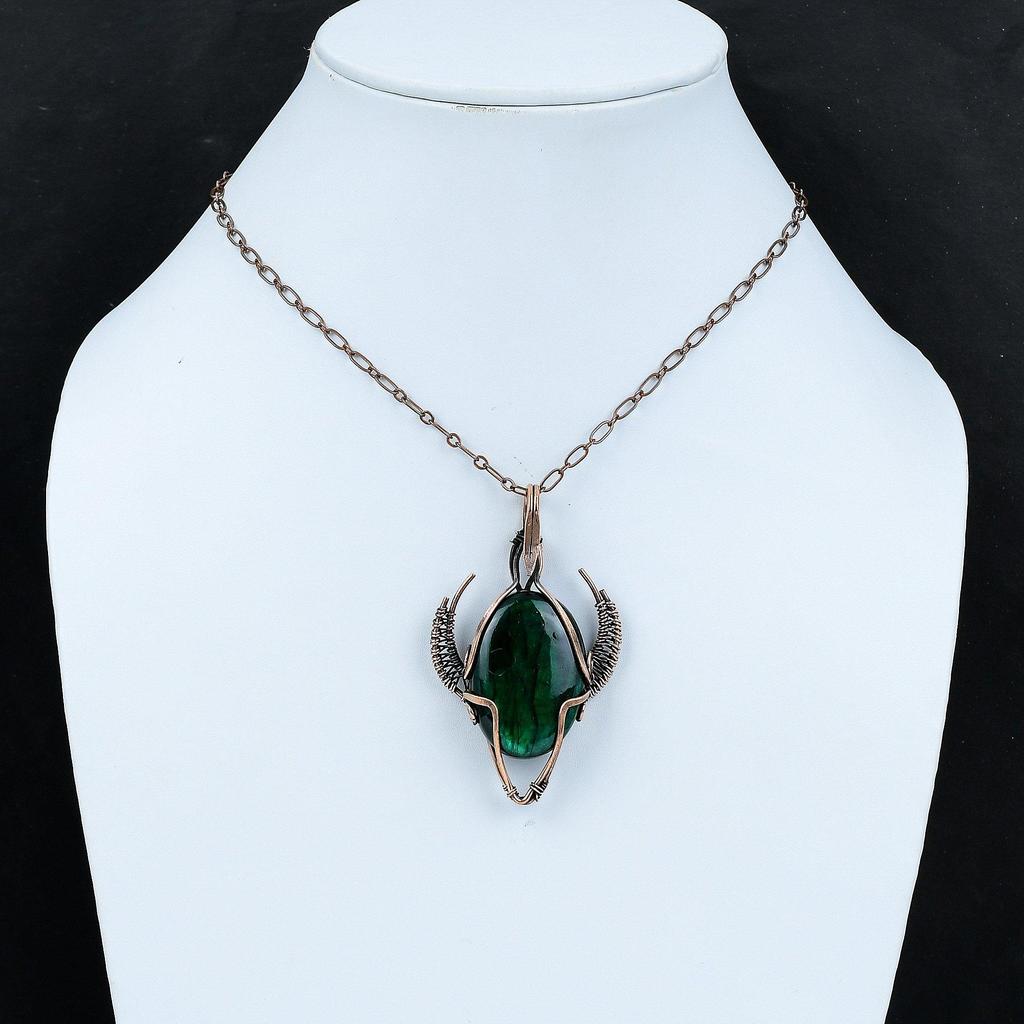 Green Fire Labradorite Pendant Copper Wire Wrapped Jewelry Handmade Pendant Copper Design Bull Face Shape Pendant Wire Wrap Gemstone Pendant