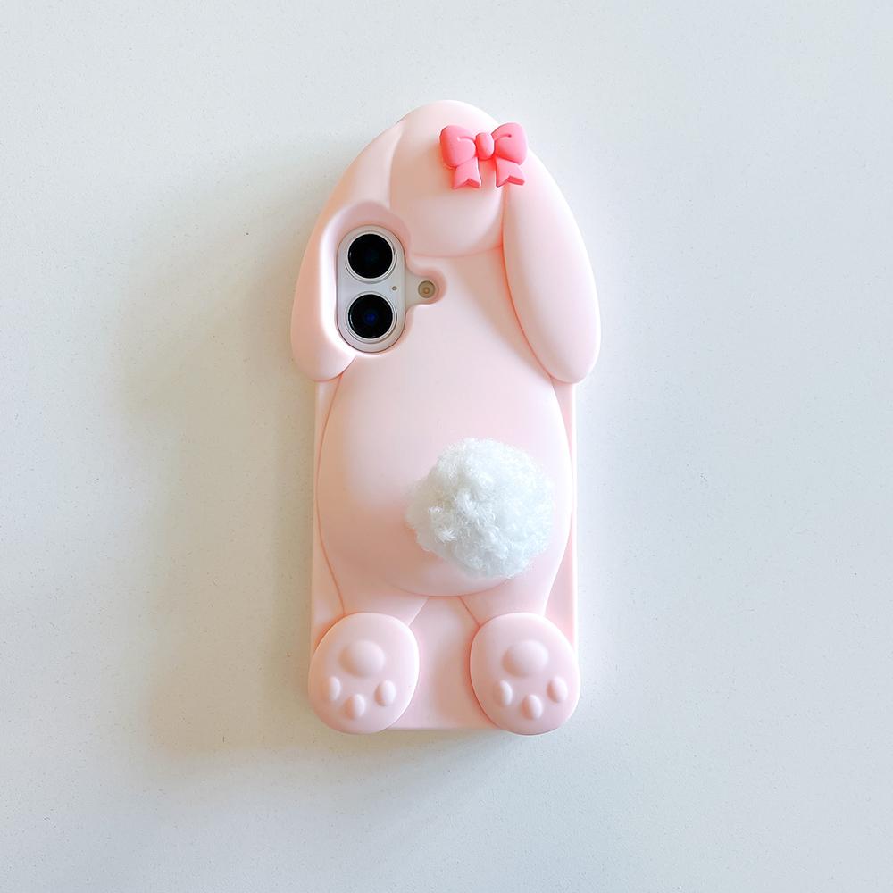 Kawaii 3D Cartoon Benny Rabbit Case For iPhone 16 15 14 13 12 Pro Max Soft Silicone Cover With Hairball Tail Holder