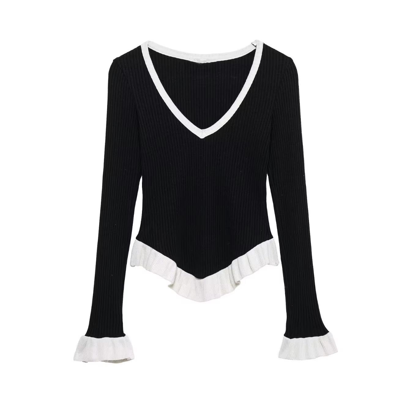 

Женский вязаный пуловер с V-образным вырезом, облегающего кроя, с длинными рукавами и цветными блоками, весна/лето 2025 Small чёрный