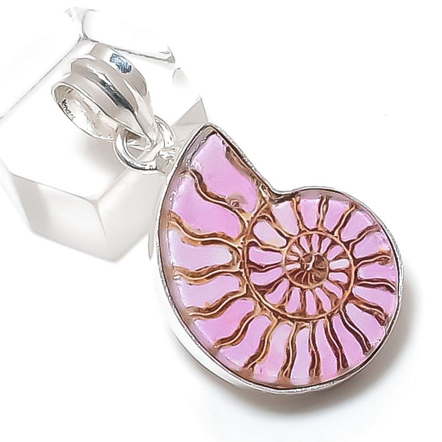 Natural Ammonite Fossil Gemstone 925 Sterling Silver Jewelry Pendant 1.54" u1Q63