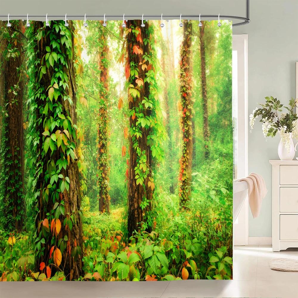 Modern 3D Printing Forest Shower Curtain Green Plant Tree Landscape Bath Curtain With Hooks For Bathroom Waterproof Scenery