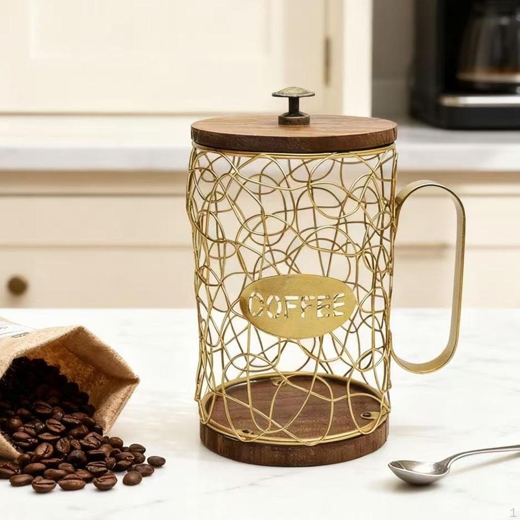 Coffee Capsule Holder Organizer with Wooden Base, Large Capacity, Iron Basket for