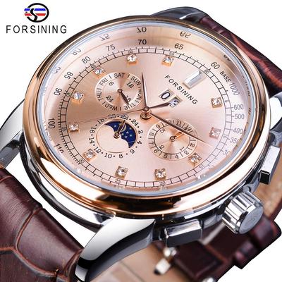 Moon Phase Shanghai Movement Rose Gold Case Brown Genuine Leather Strap Mens Watches Top Brand Luxury Auotmatic Watch