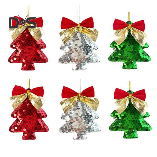 6Pcs Christmas Tree Ornaments Tree Shape Sequin Pendant with Bow for Christmas Trees Walls Doors Parties Wedding Decor