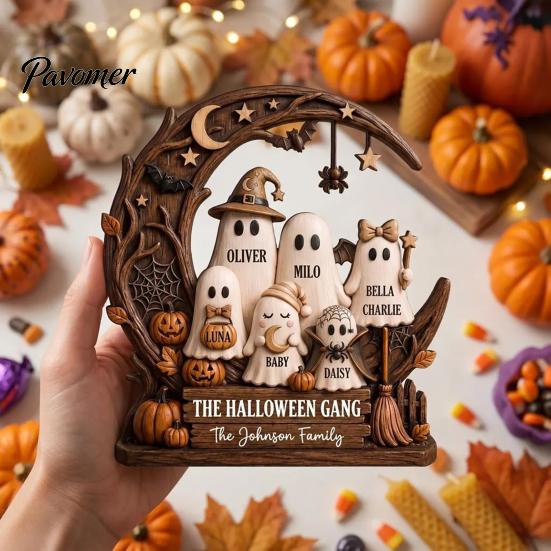 Spooky Party Decorations Halloween Ghost Family Wooden Plaque, Pumpkin Couple Tabletop Sign, Wood Table Ornaments Farmhouse Home Ornament for