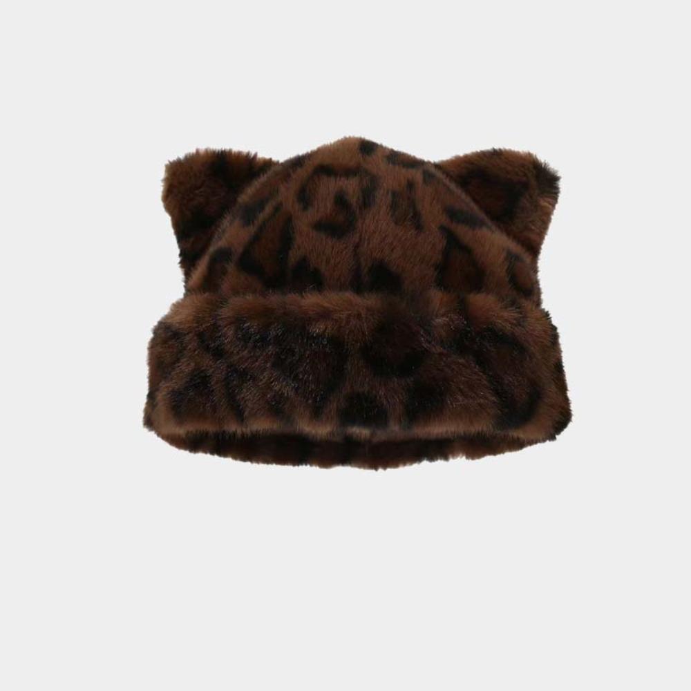 Korean Style Leopard Ear Beanie Soft Pullover Cap Versatile Brimless Beanie Cap  Autumn
