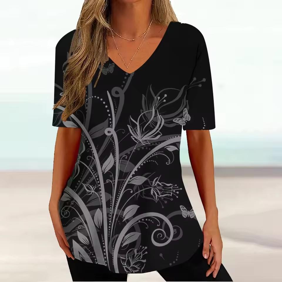 Vintage V-neck Women's T-shirt Summer Outdoor Casual Short Sleeve Tops Fashion Black Stripe Printing OverSize Clothing