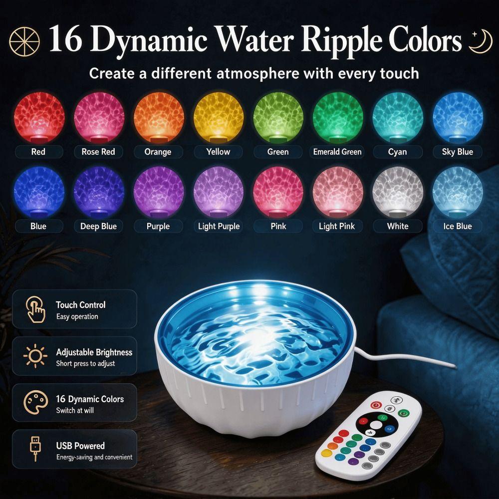 16‑Color RGB Water Wave Projector Night Light USB Powered Projection Lamp Decorative Light Holiday