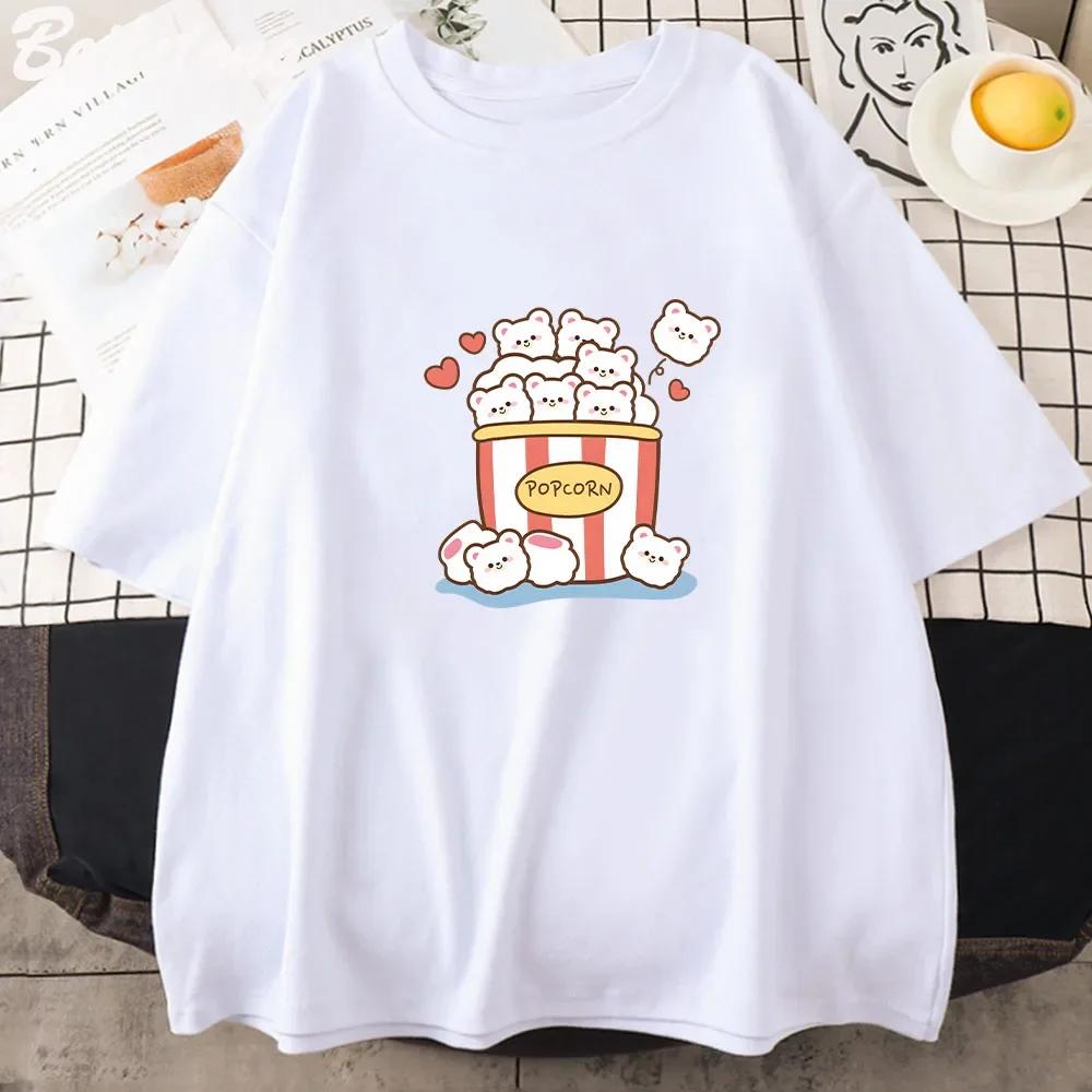 Linda camiseta de palomitas de maíz kawaii para mujer, lindas camisetas gráficas de dibujos animados, unisex, de verano, de algodón puro, ropa vintage Harajuku