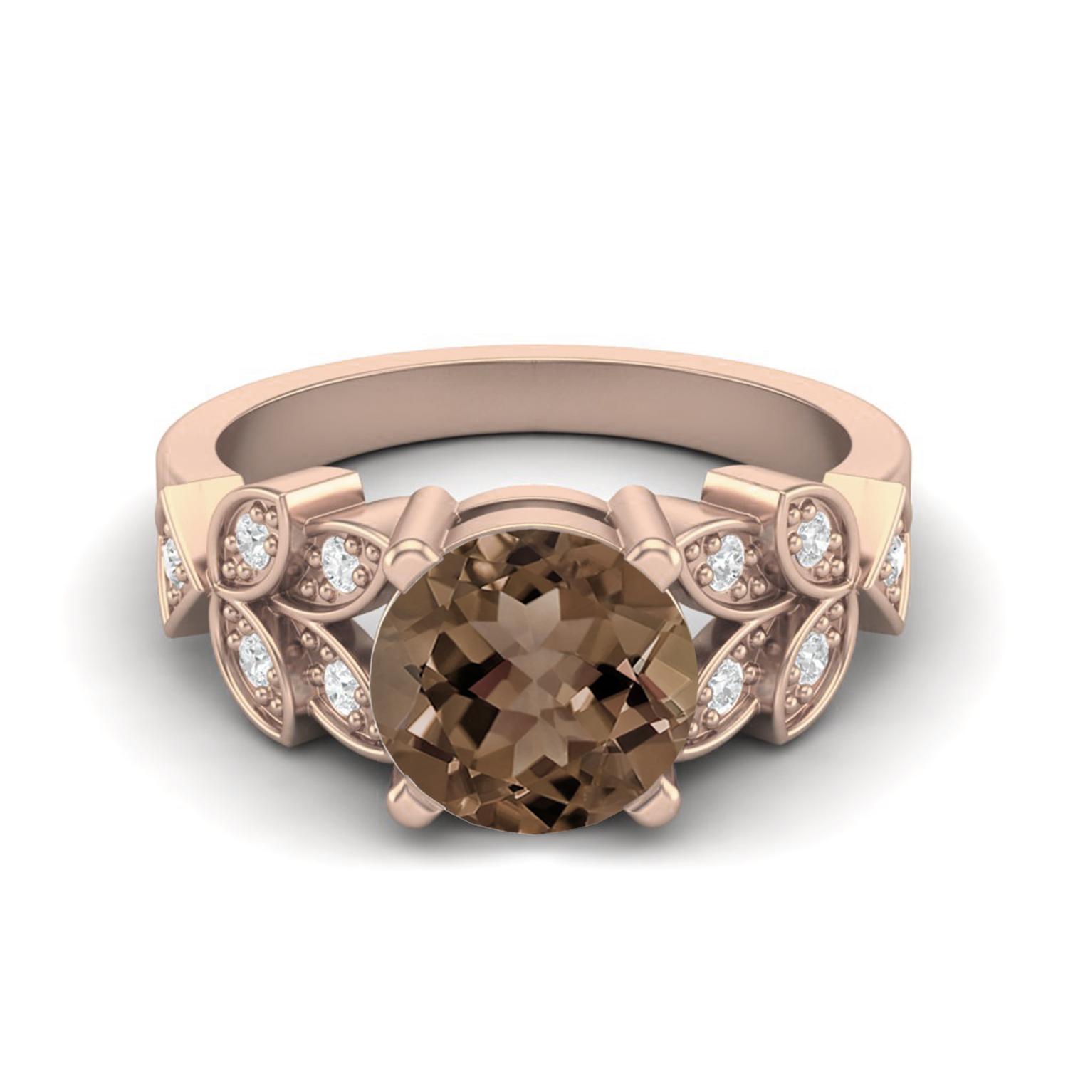 

8mm Round Smoky Quartz 925 Sterling Silver Rose Vermeil Solitaire Leaf Design Women Wedding Ring 12 ярко-розовый
