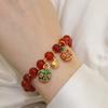 Retro Oriental Beaded Bracelet for Ladies, Polished Red Agate With Colorful Enamel Charms Stretch Bracelet for Gift