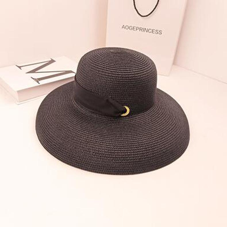 Hepburn Style Big-Brimmed Straw Hat Women'S Summer French Foldable Sunscreen Face Cover Vacation Beach Travel Sun Hat Flat Top