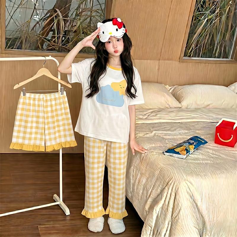Girls' Cartoon Pajama Set - Short Sleeve, Long Pants, 3-Piece Summer Sleepwear for Kids