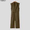 Men Lapel Neck Sleeveless Solid Color Casual Button Up Long Rompers Jumpsuits