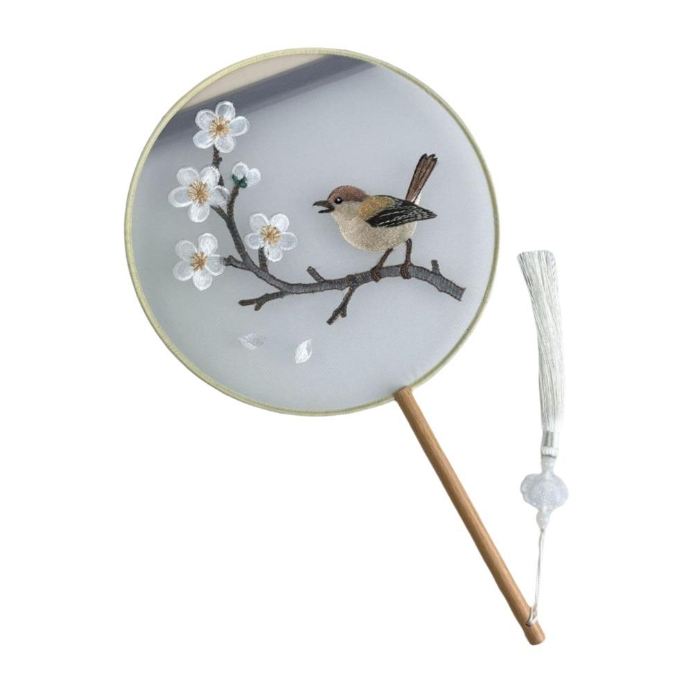 Chinese Style Double Sided Embroidery Fan Long Handle Vintage Hand Fan Portable Dance Fan  Wedding Style 8