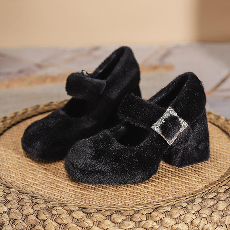 Women's Fluffy Pumps Round Toe Chunky High Heels Winter Shoes for Women Fashion Ankle Strap Elegant Woman Heeled Dress Shoes