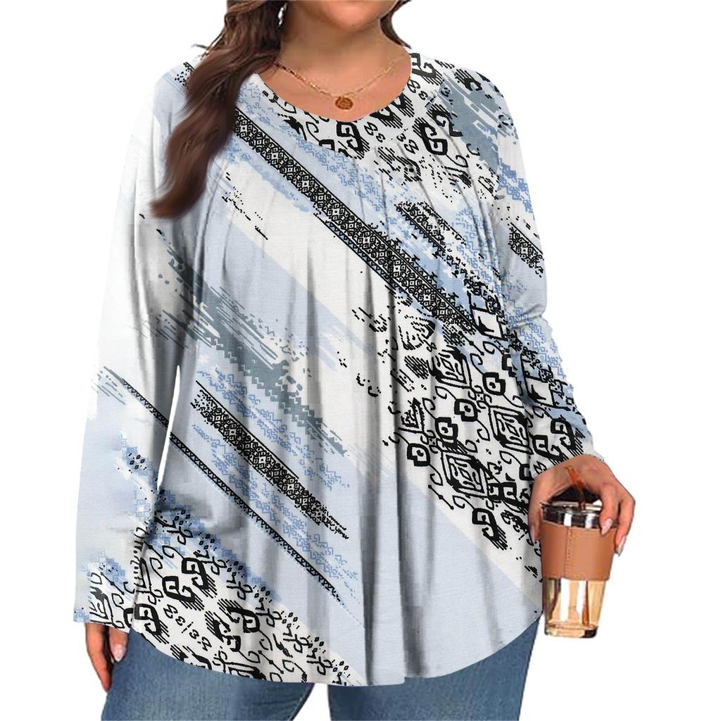 Women's Plus Size Fashion  Printed Casual Pleated Round Neck Long Sleeve Top