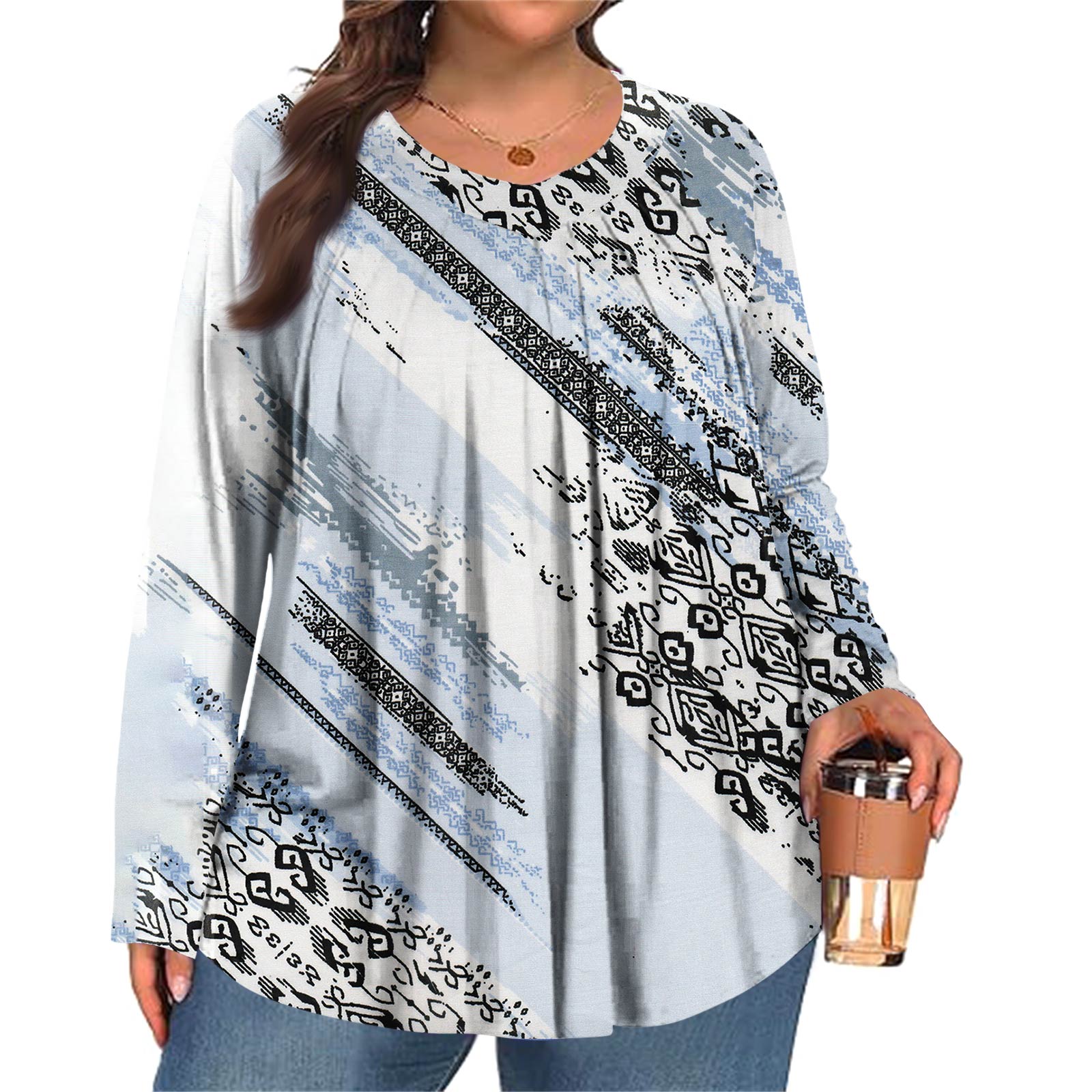 

Women s Plus Size Fashion Printed Casual Pleated Round Neck Long Sleeve Top XXXXXL