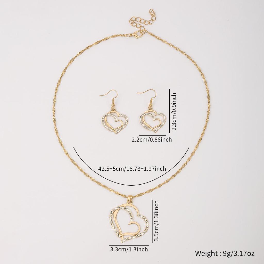 European and American Double Heart Peach Earrings & Necklace Wedding Jewelry Set
