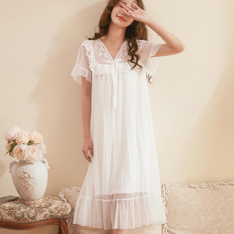 Síťované pyžamo Dámské s výstřihem do V Korejský Vintage Krajkový Elegantní Princezna noční košile s krátkým rukávem Domácí oblečení Midi šaty