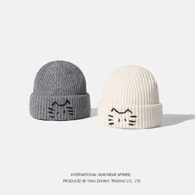 Cute kitten wool hat female autumn and winter face small warm cold hat big head circumference cold ear protection knitted hat