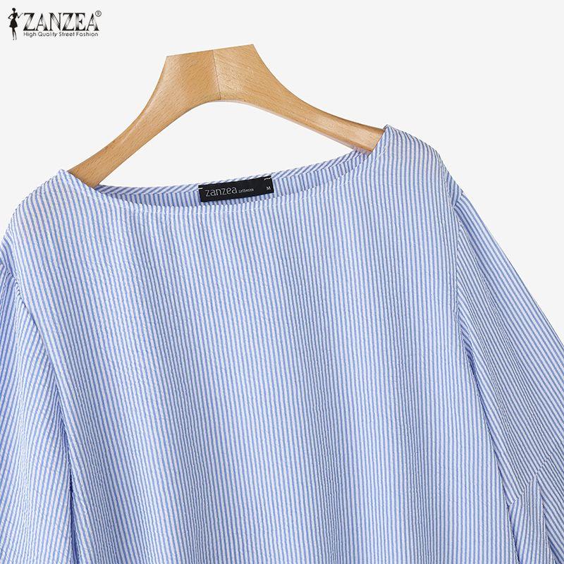 ZANZEA Women Stripe Print Casual Round Neck Long Sleeve Blouse