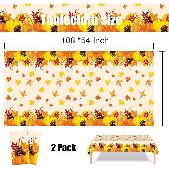Thanksgiving Tablecloth Disposable - Fall Table Cloths Plastic Pumpkin and Maple Leaf Rectangle Table Cover Thanksgiving Party Decorations, 2 Pack