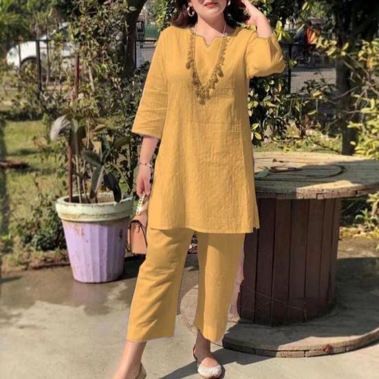 1 Set Damen Outfit V-Ausschnitt Elastische Taille Ethnischer Stil 46085 Ärmel Schweißabsorption Tägliche Kleidung Einfarbige Damen Sommer T-Shirt