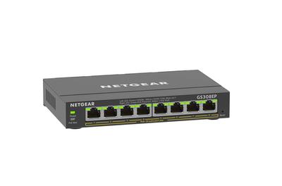 NETGEAR Switching Hub 8 יציאות ג'יגה-ביט בית מתכת ניתן להתקנה על קיר שקט ללא מאוורר VLAN QoS Unmanaged Plus GS308EP PoE+ (62W)