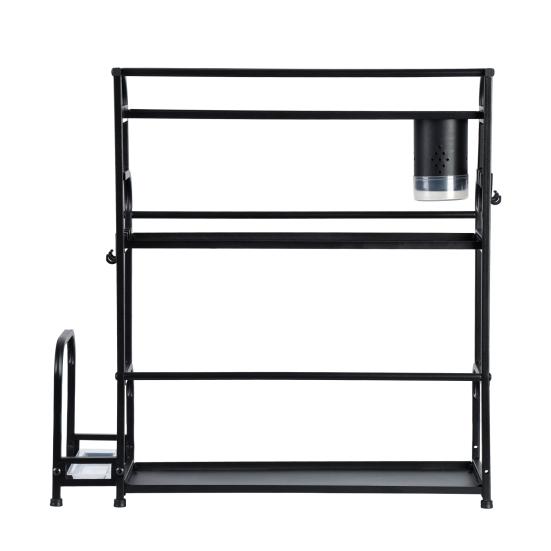 Standing Spice Rack, 3-Tier Kitchen Countertop Shelf with Stepped Design, Spice Rack Organizer and Hooks, Utensil Holder, Chopping Board Holder, Black