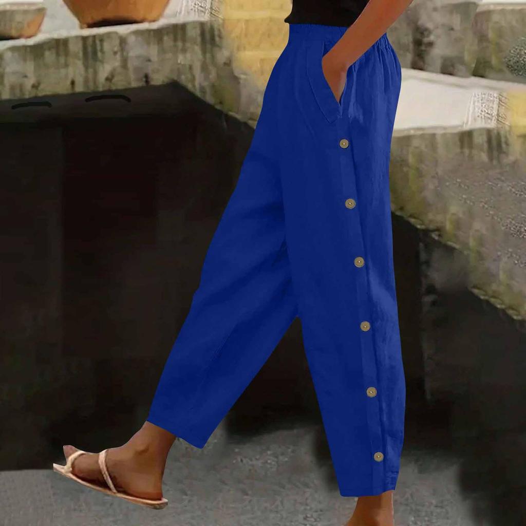 Women's Fashion Side-Button Pocket -Color Mid- Cotton-Linen Blend Relaxed-Fit Trousers