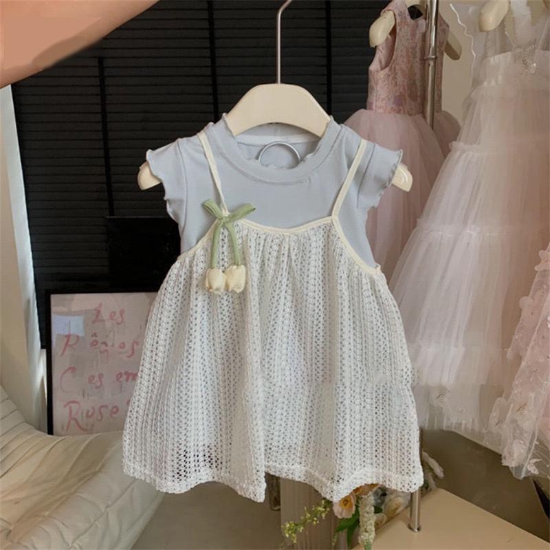Children s Clothing Blue Clothing+Camisole Skirt set Summer Sweet Tulip Vest Knitted Skirt Korean Version Baby Set Stylish 90