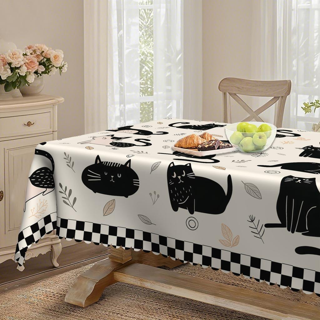 Simple Cartoon Cat, Black And White Plaid Pastoral Round Tablecloth, Household Table Cloth, Restaurant Decorative Cloth