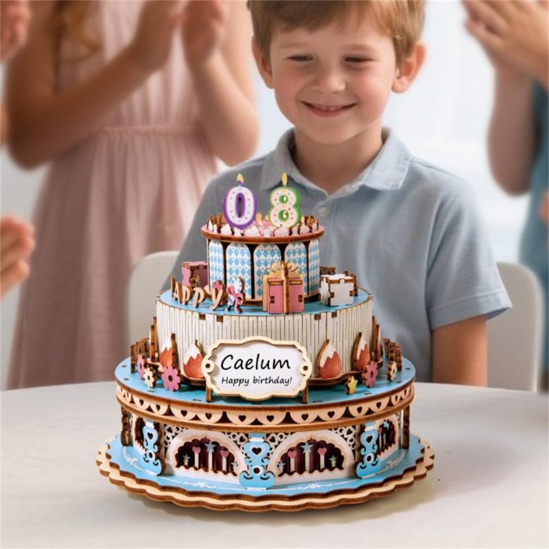 Wooden Mechanical Rotating Birthday Cake Music Box Craft Set Easy Assembly No Tool Required Musical Ornament Gifting