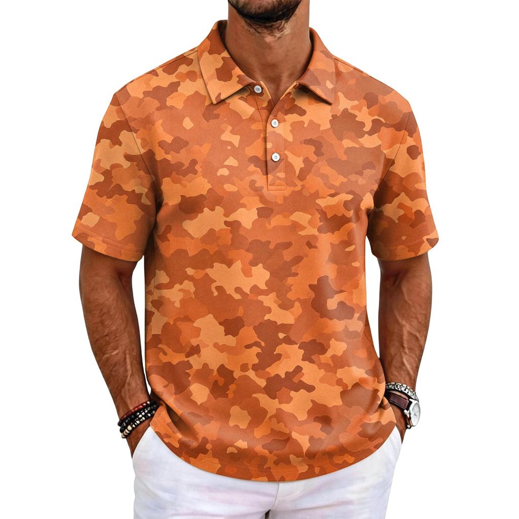 Men's Camouflage Polo Shirt Slim Fit Short Sleeve Business Casual Collar Buttoned Front Breathable Fabric Lightweight Design