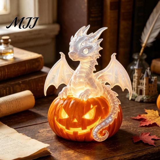 Fantasy Harz Ornamente Halloween Kürbis Lampe, Gotische Leuchtende Tischdeko für Zuhause, Dunkle Raum Akzente Gruseliger Drache Geist Schwarze Katze Ornament,