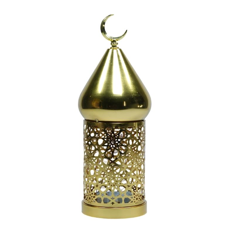 

Decorative Metal LED Lantern with Artistic Hollowed Out Geometric Pattern Battery Operated Lamp For Indoor Lighting