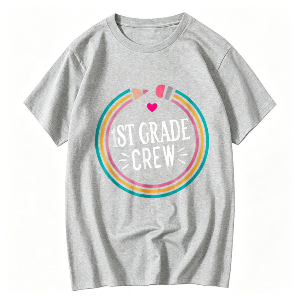st Grade Crew Rainbow Circle Pencil Heart Graphic TShirt Teacher Student Back To School Casual Cotton Short Sleeve Basic Tops