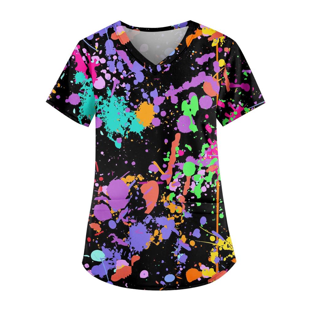 Plus Size Printed Scrub Working Uniform Tops For Women's V-Neck Short Sleeve Fun T-Shirts Workwear Tee With Pockets