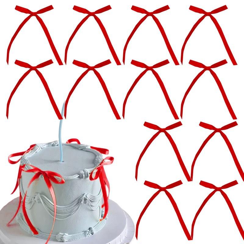 30pcs Bow Cake Toppers Pink Ribbons Bows for Cake Coquette Themed Bow Cupcake Toppers Pink Bow Birthday Wedding Decorations